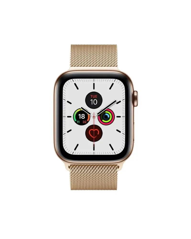 Gold Milanese loop smartwatch with white dial and fitness complications