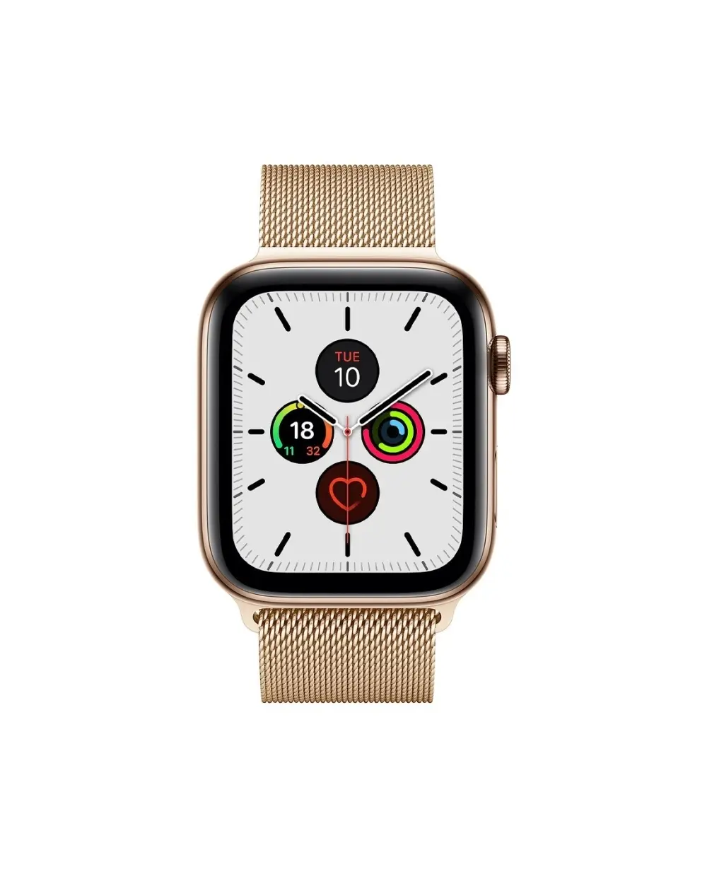 Gold Milanese loop smartwatch with white dial and fitness complications