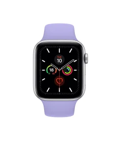 Smartwatch with lilac sport band, silver case, and fitness tracking display