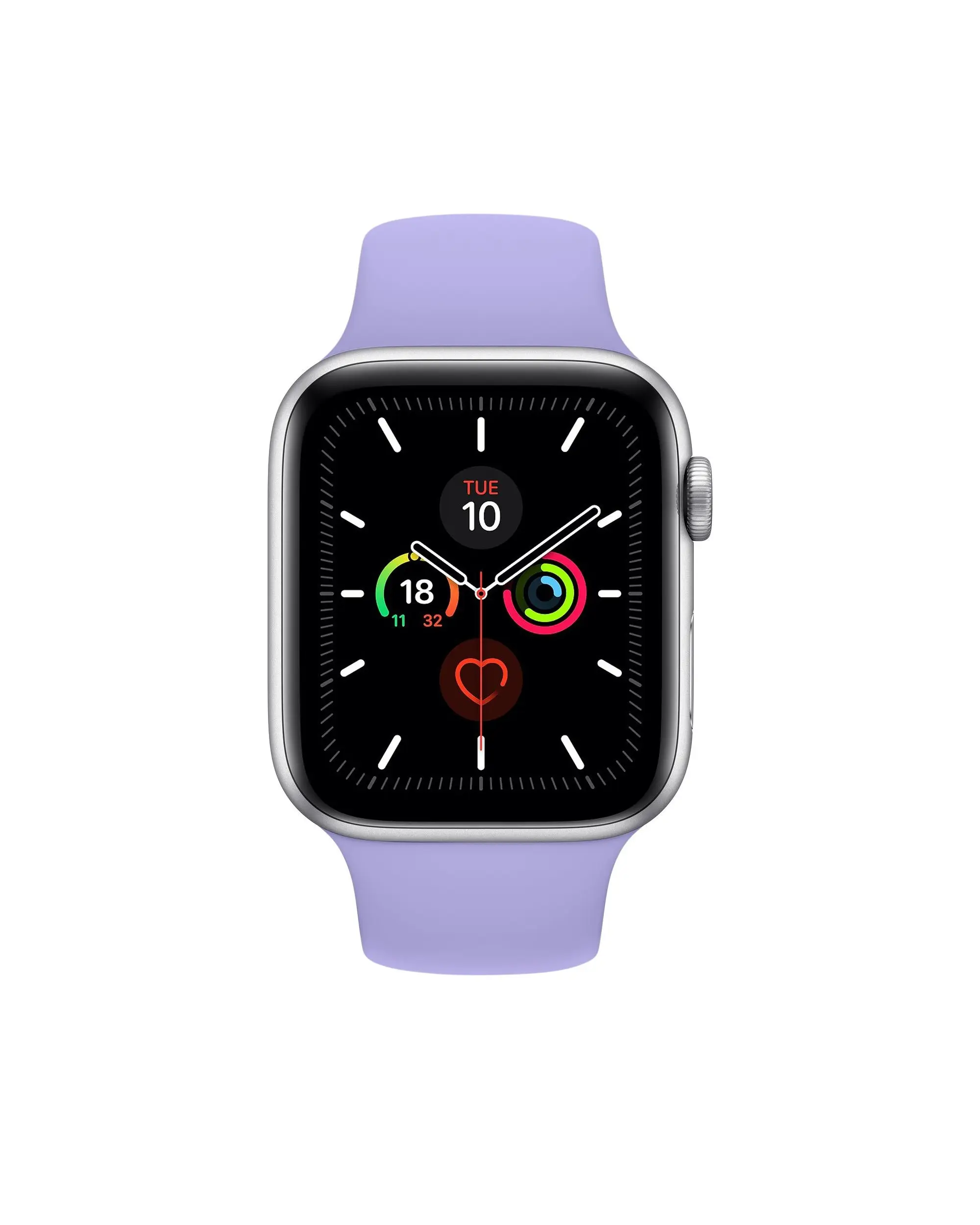 Smartwatch with lilac sport band, silver case, and fitness tracking display