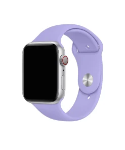 Silver smartwatch with lavender sport band and red digital crown