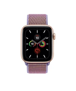 Rose gold smartwatch with lilac sport loop band and fitness tracking display