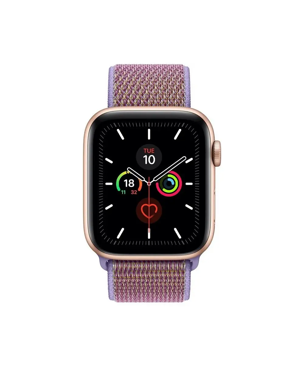 Rose gold smartwatch with lilac sport loop band and fitness tracking display