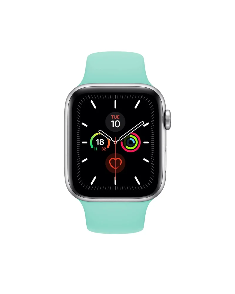 Smart watch with marine green sport band and colorful activity rings display