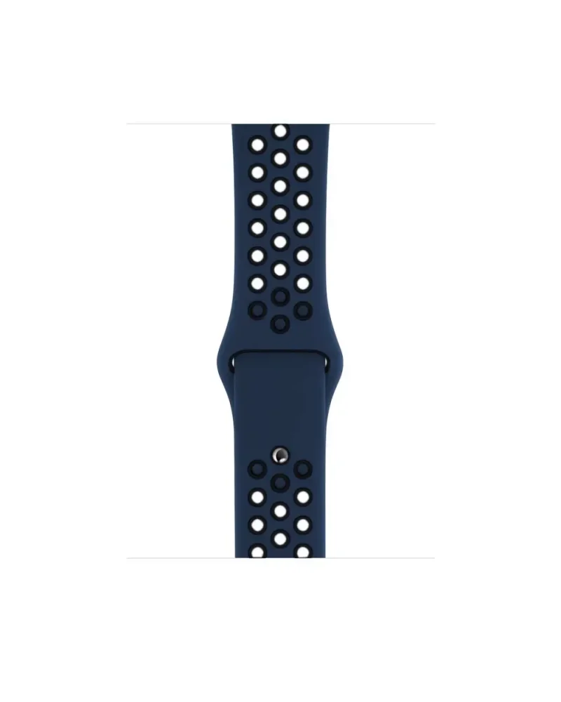 Midnight blue silicone sport watch band with perforated holes and black accents