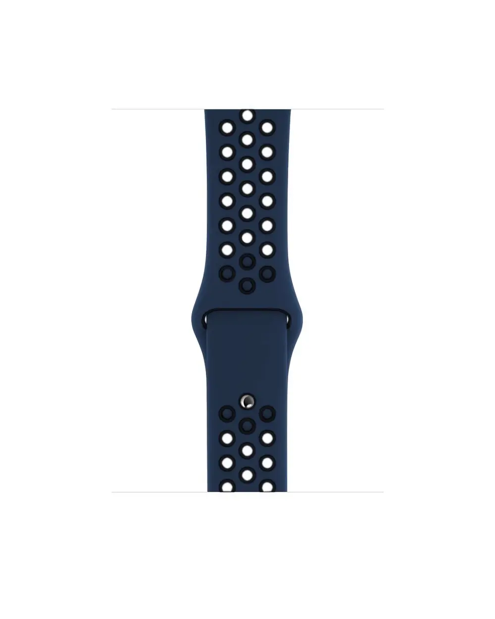 Midnight blue silicone sport watch band with perforated holes and black accents