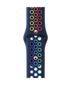 Midnight blue sport watch band with colorful pride rainbow circle pattern design