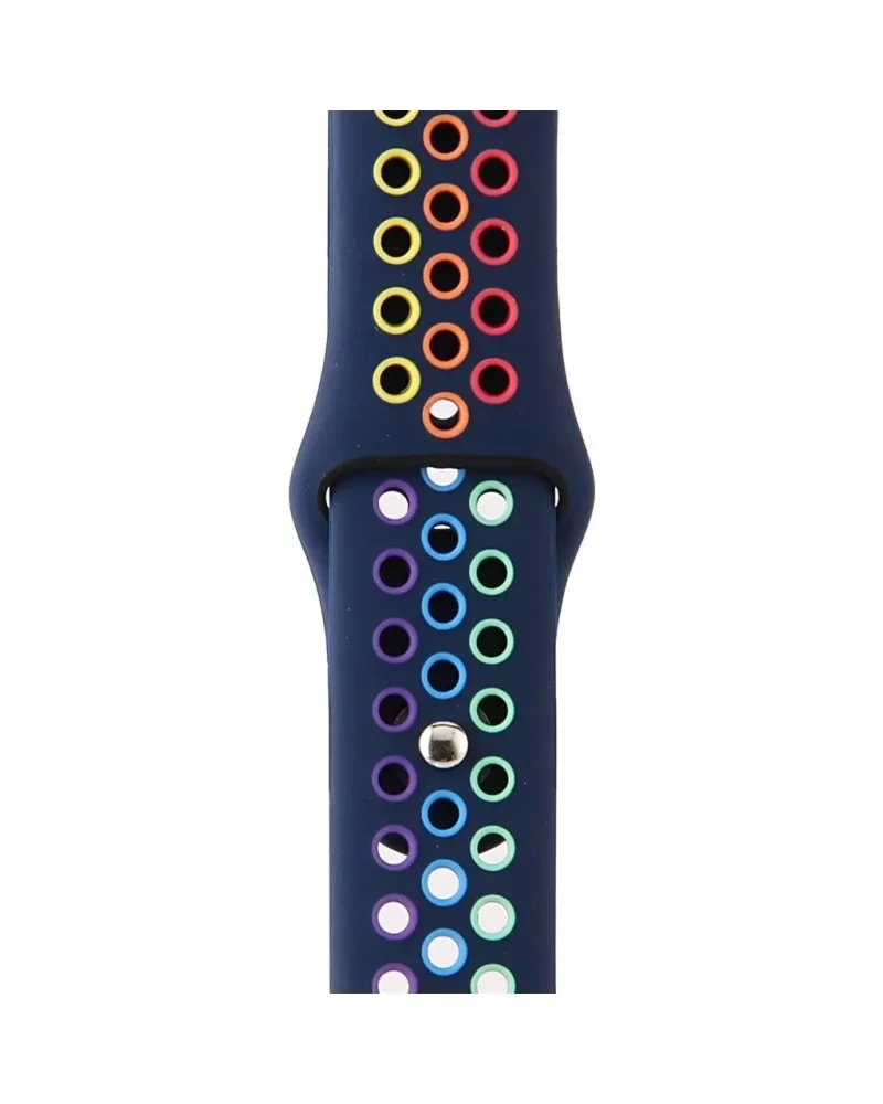 Midnight blue sport watch band with colorful pride rainbow circle pattern design