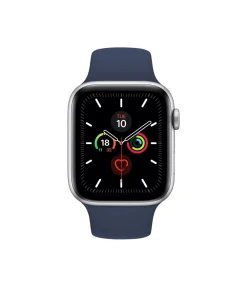 Silver smartwatch with midnight blue sport band displaying fitness rings