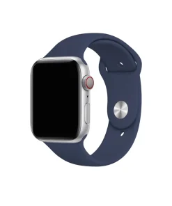 Silver smartwatch with midnight blue sport band and red digital crown