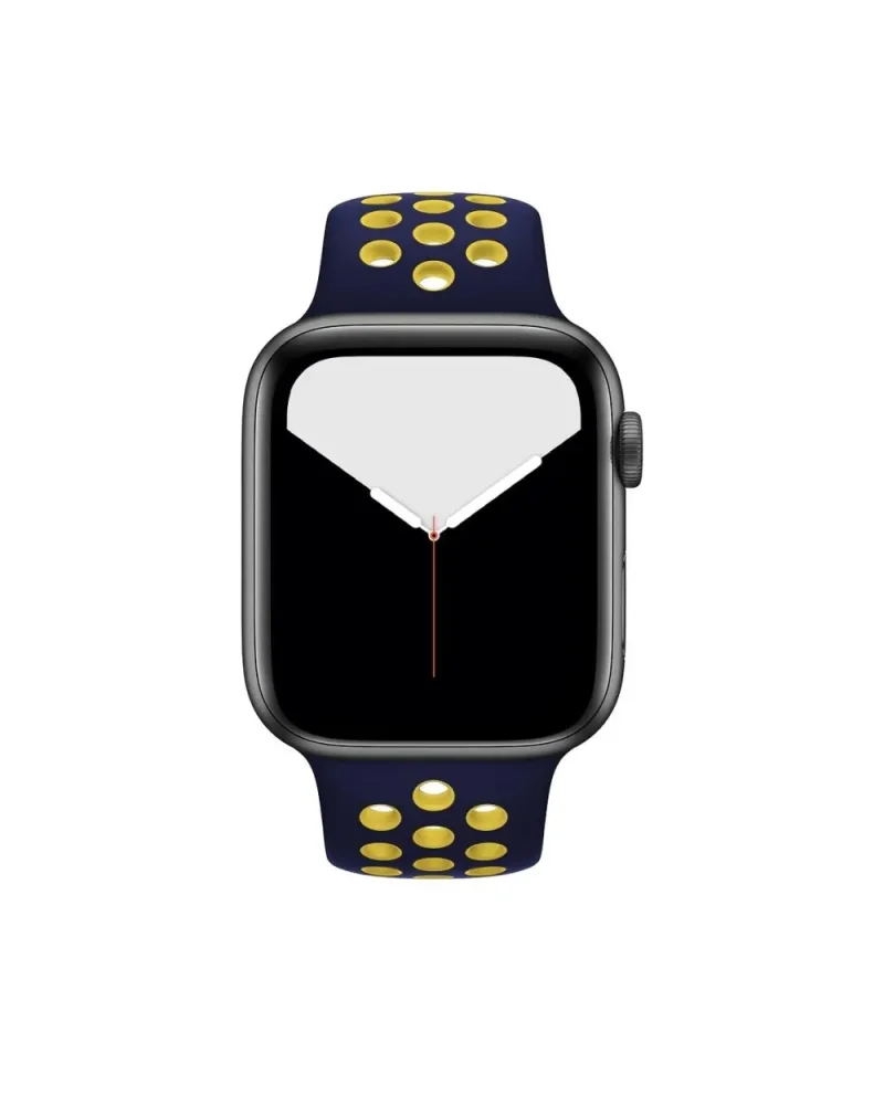Apple Watch sport band midnight blue with yellow perforated holes active fit