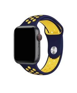 Navy blue and yellow sport smartwatch band with perforated design holes