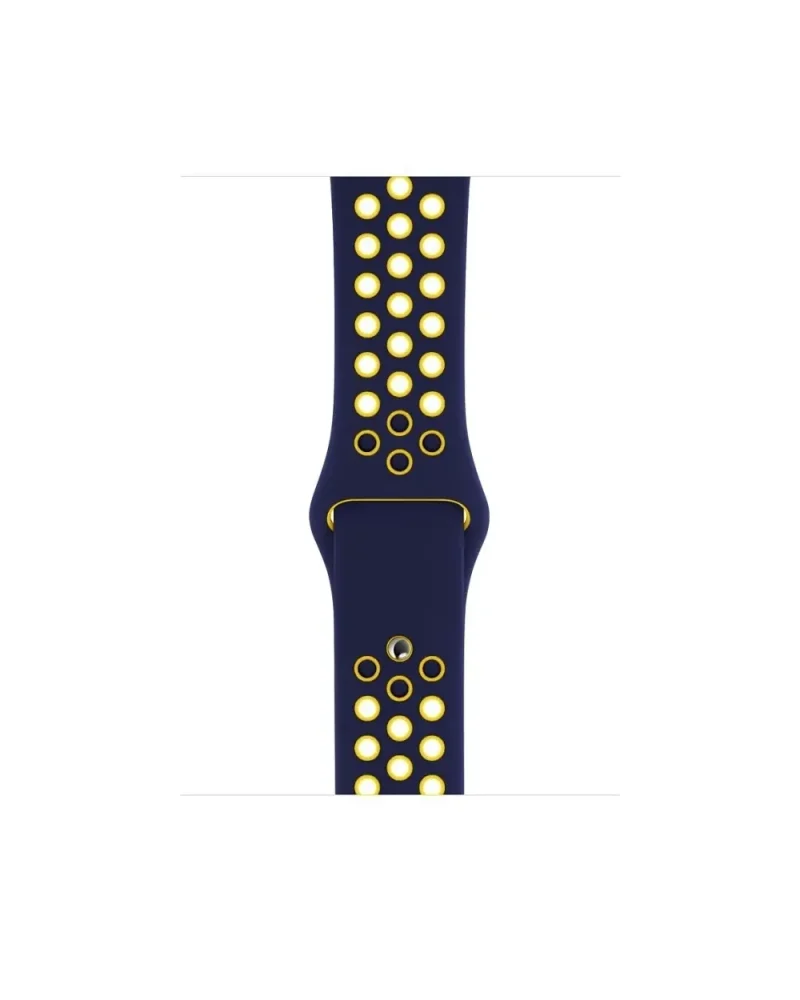 Navy blue sport watch band with gold perforated holes and accents