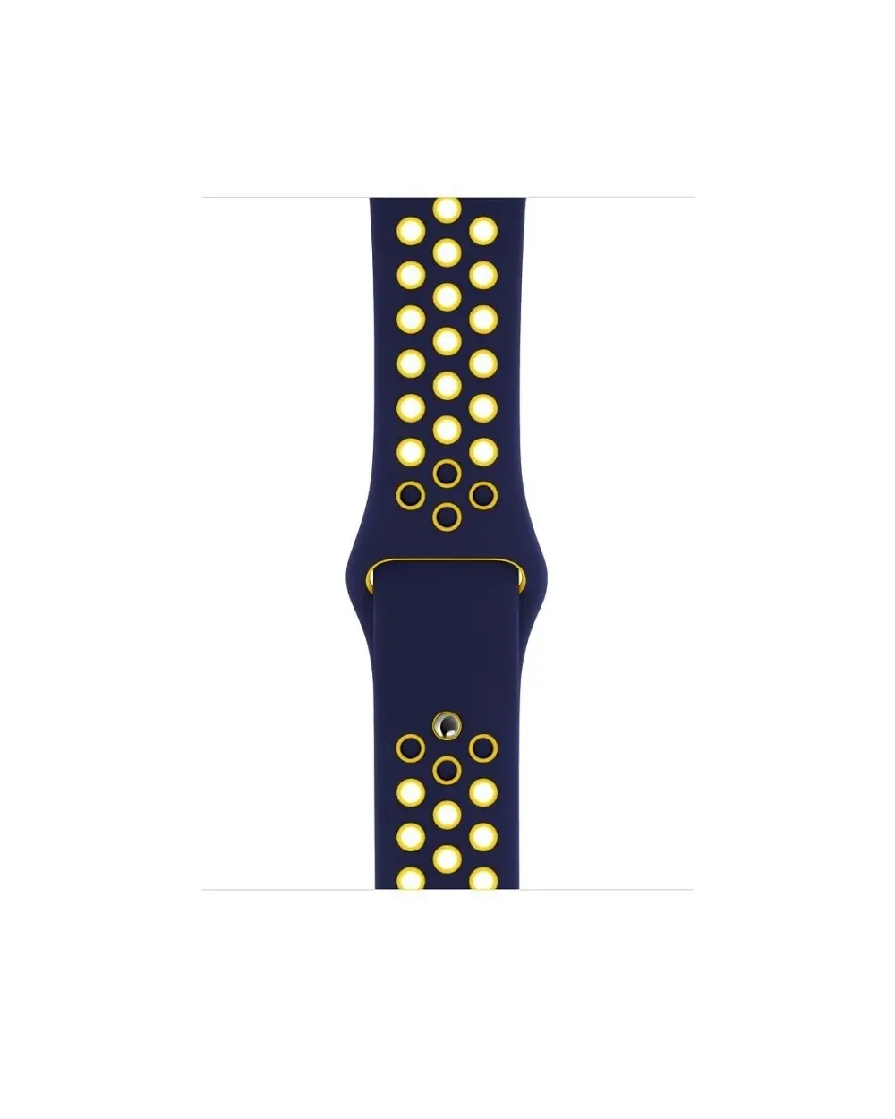 Navy blue sport watch band with gold perforated holes and accents