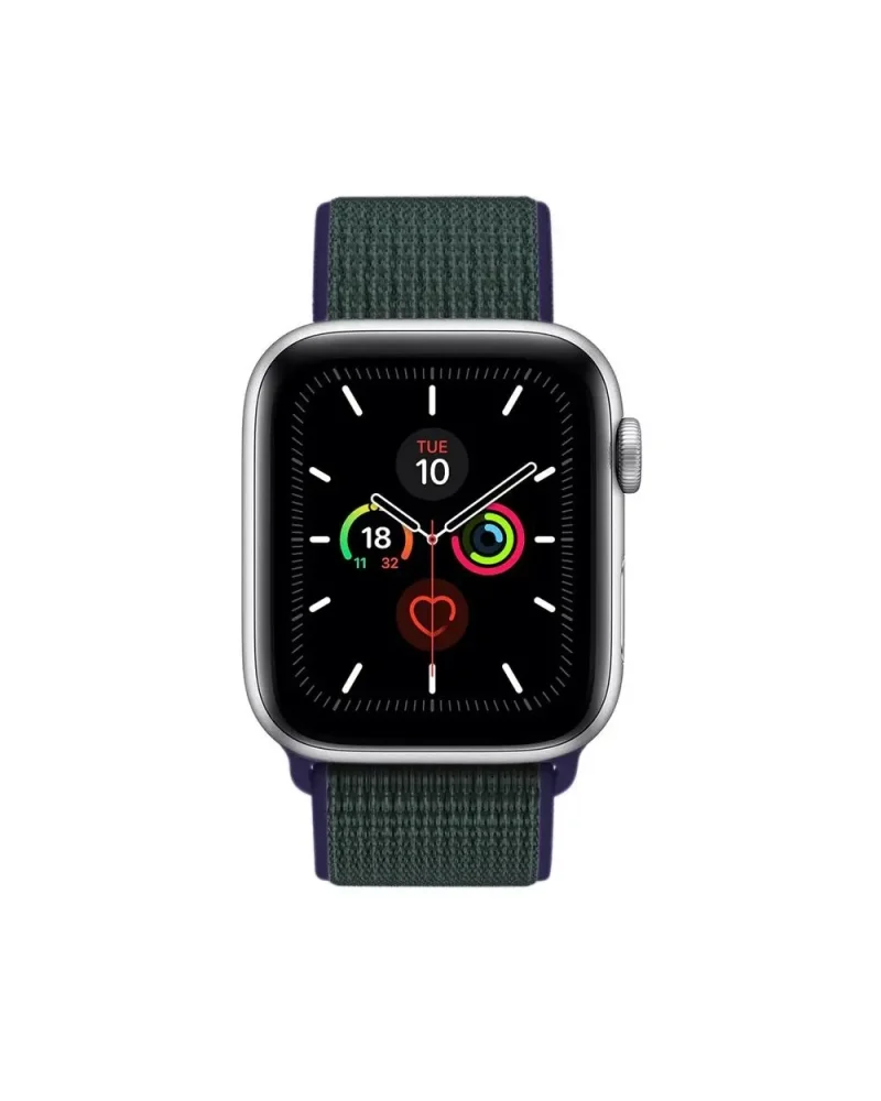 Smartwatch with Midnight Fog sport loop band displaying fitness rings and date