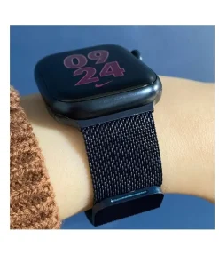 Black Milanese loop mesh band smartwatch with digital time display