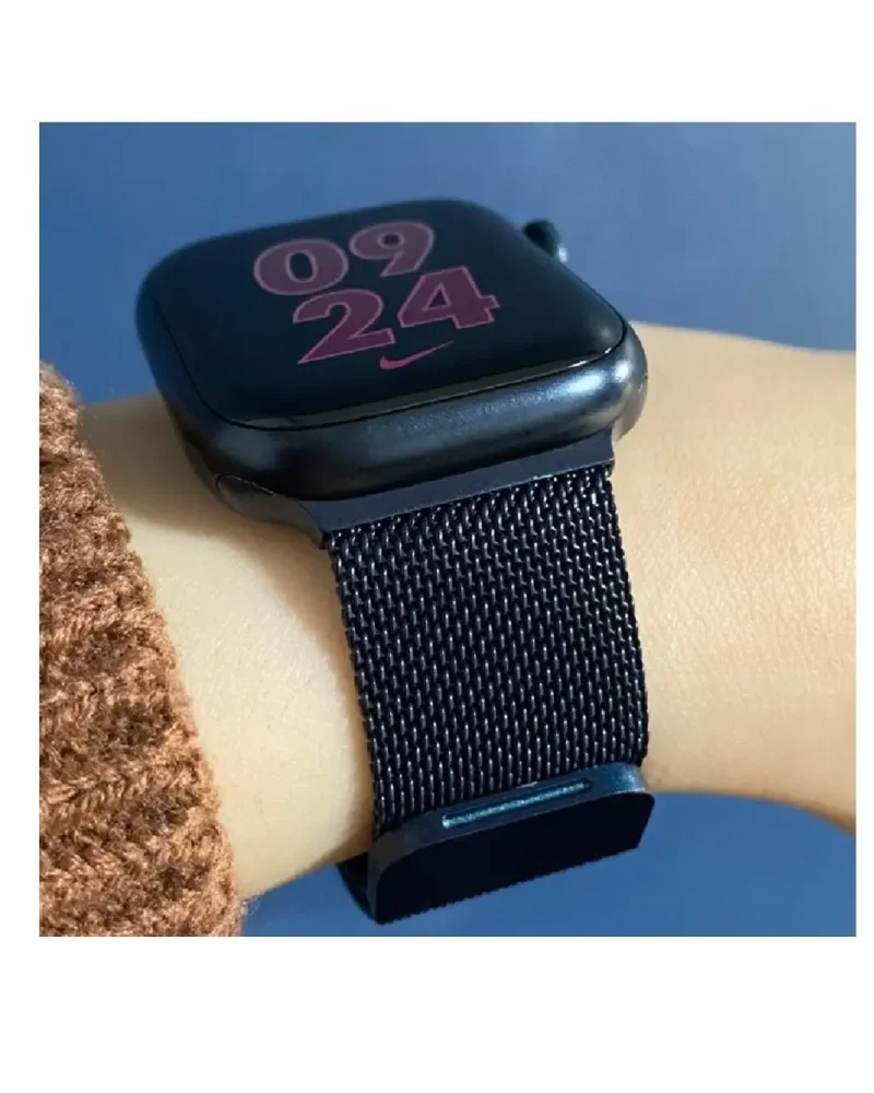 Black Milanese loop mesh band smartwatch with digital time display