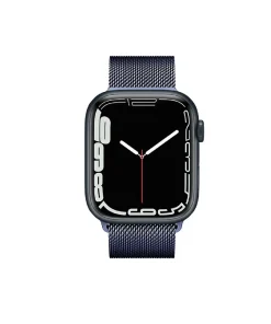 Black smartwatch with midnight blue Milanese loop mesh band