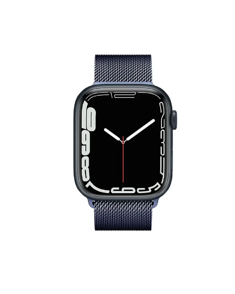 Black smartwatch with midnight blue Milanese loop mesh band