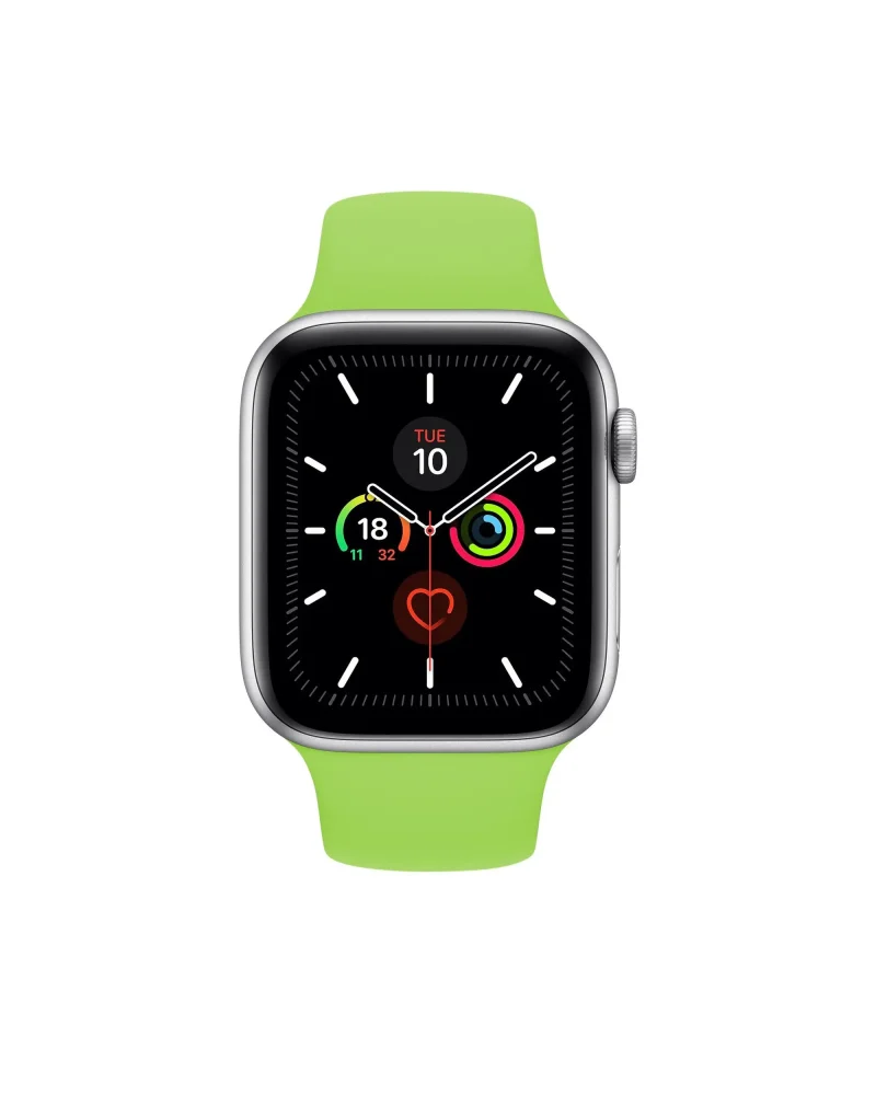 Smartwatch with silver case and bright green sport band displaying fitness rings