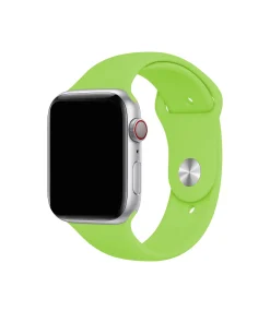 Silver smartwatch with bright green silicone sport band and red crown button