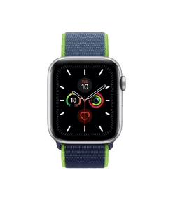 Apple Watch with neon lime and navy sport loop band, fitness tracking display
