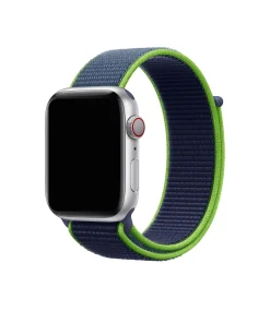 Silver smartwatch with neon lime and navy sport loop band