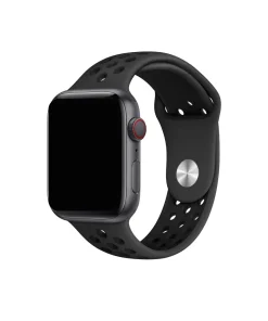 Black sport smartwatch with athletic band and red digital crown button
