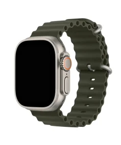 Smartwatch with silvery case and textured army green silicone ocean band