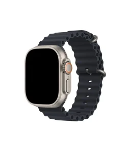 Silver smartwatch with black ocean silicone band and orange crown button