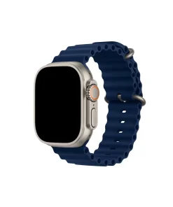 Smartwatch with silver case and navy blue ocean band with orange dial