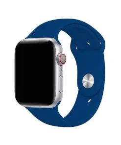 Silver smartwatch with ocean blue sport band and digital crown