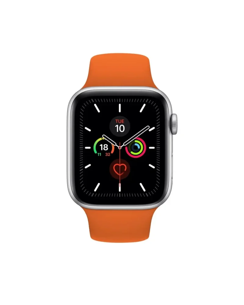 Orange sport band smartwatch with fitness tracking and activity rings display