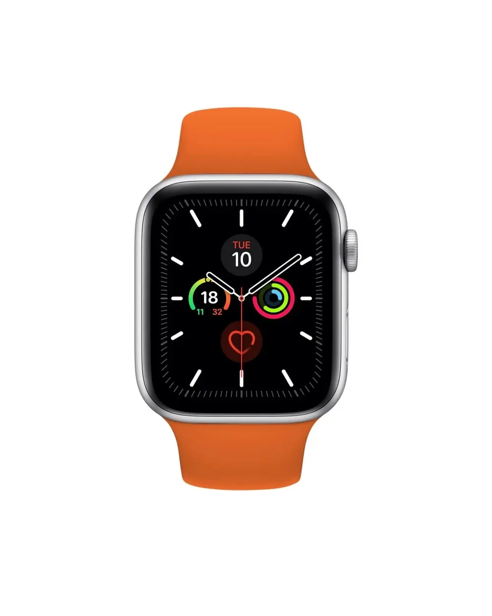 Orange sport band smartwatch with fitness tracking and activity rings display