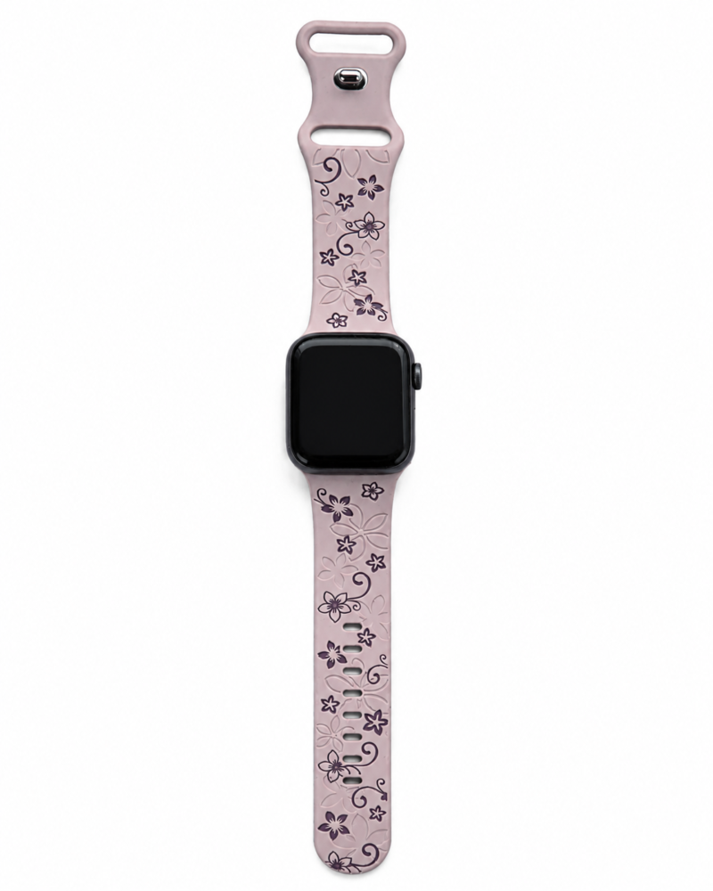 Apple Watch band pink with floral pattern design and secure buckle closure