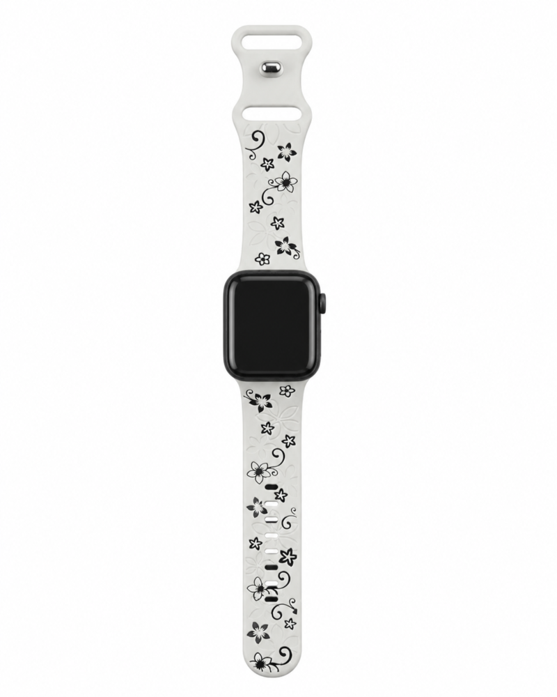 Apple Watch band with white floral and star pattern design