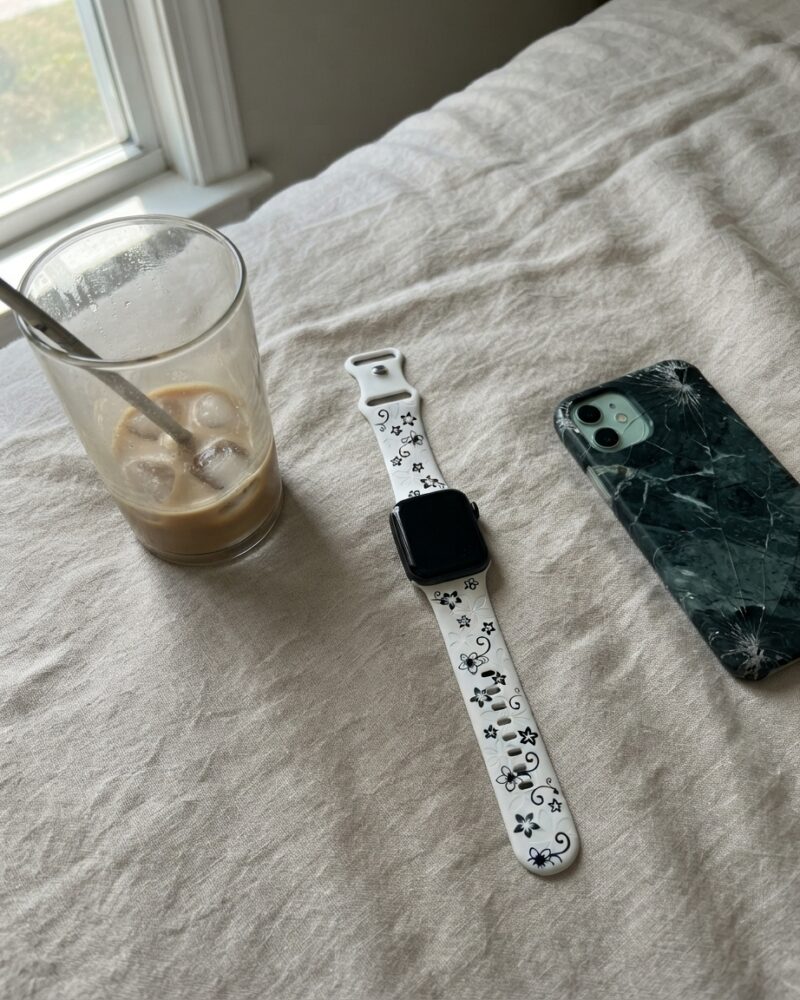 Apple Watch white floral sport band with black star pattern design