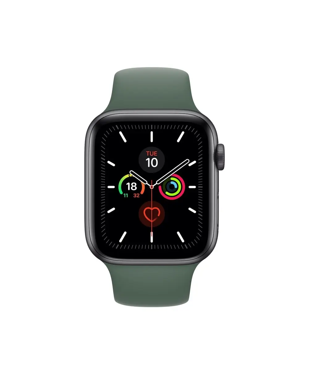 Apple Watch with pine green sport band and black digital face display