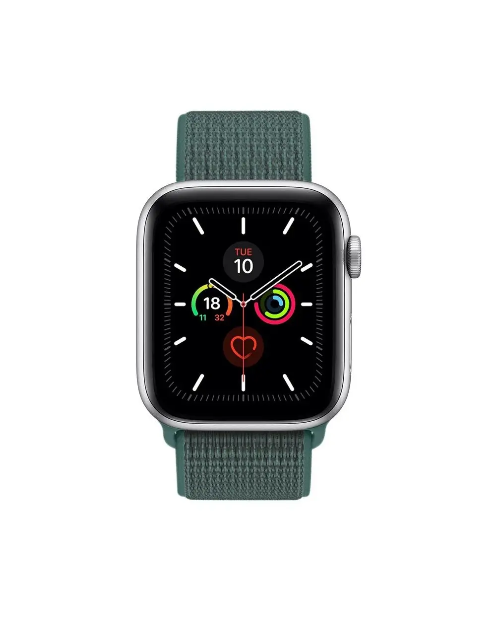 Apple Watch with pine green sport loop band and fitness tracking display