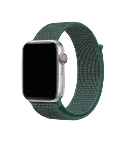 Silver Apple Watch with pine green fabric sport loop band