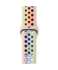 Colorful sport watch band with rainbow pride dots on beige strap