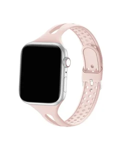 Silver smartwatch with pink sand silicone sport band and breathable holes