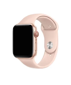Pink sand sport band smartwatch with digital display and red crown button