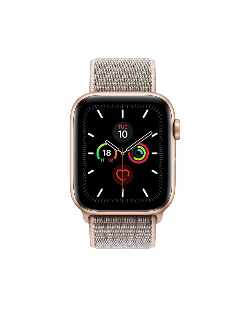 Rose gold smartwatch with pink sand sport loop band and activity rings display