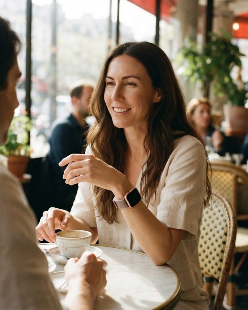 Woman wearing pink sand sport loop smartwatch at modern cafe table