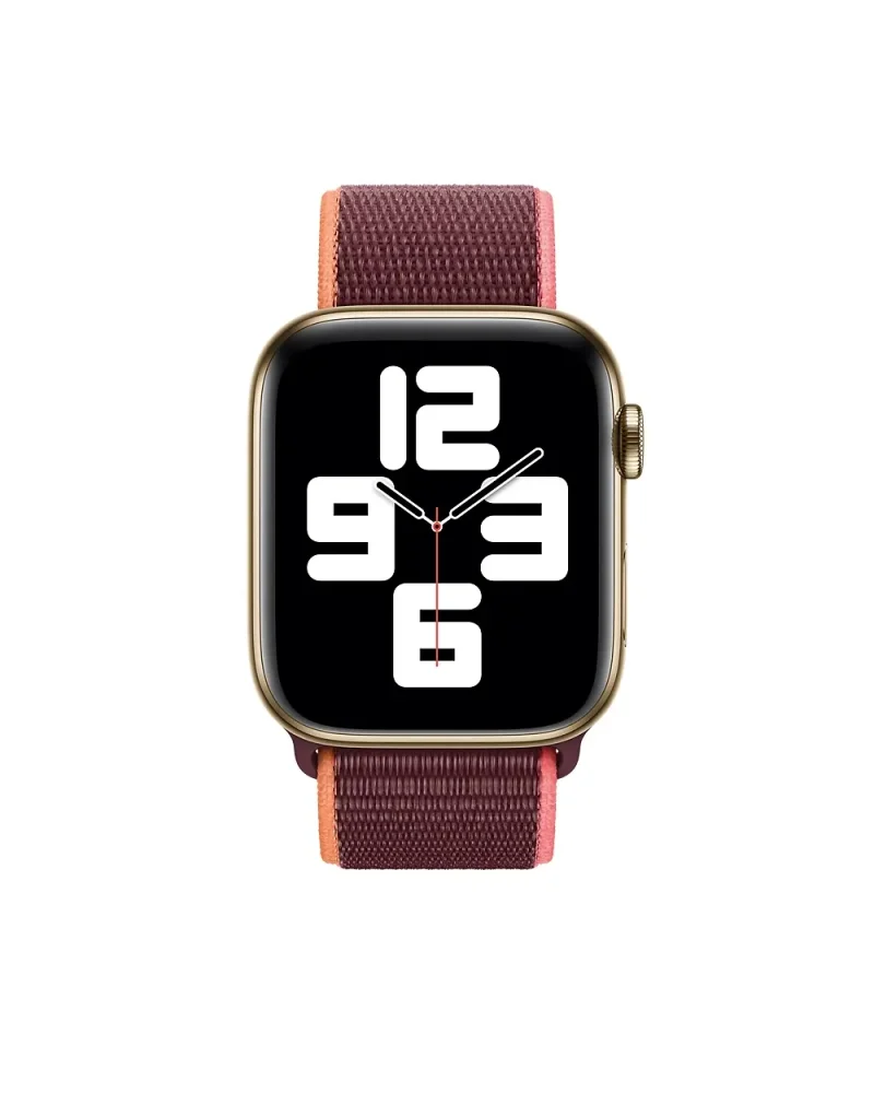 Gold smartwatch with plum sport loop band displaying time