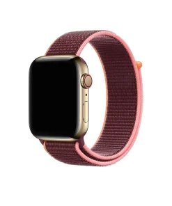 Gold Apple Watch with plum and pink sport loop band
