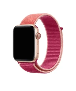 Rose gold Apple Watch with pomegranate pink sport loop band velcro strap