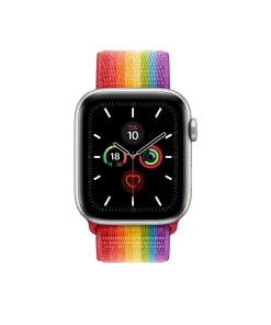 Apple Watch with silver case and rainbow Pride sport loop band