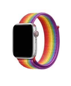 Apple Watch with silver aluminum case and rainbow Pride Sport Loop band